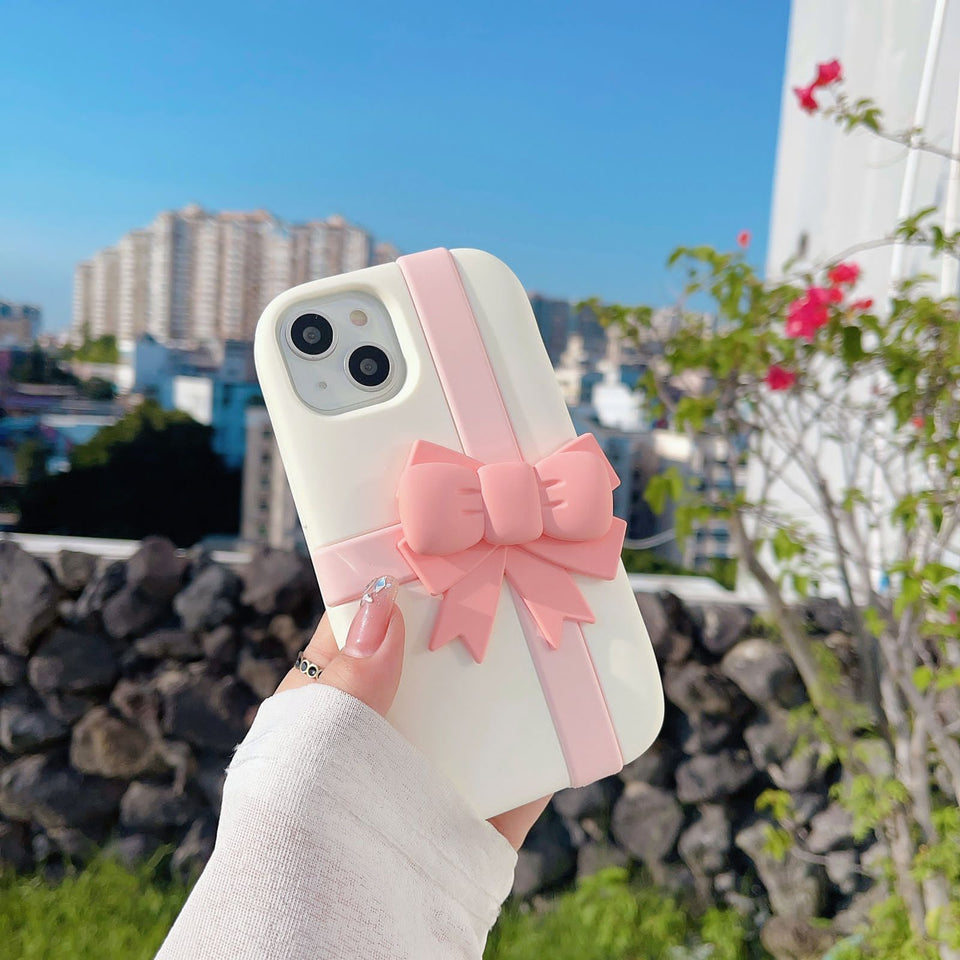 iPhone Pink Bow Silicone Case Cover Beige