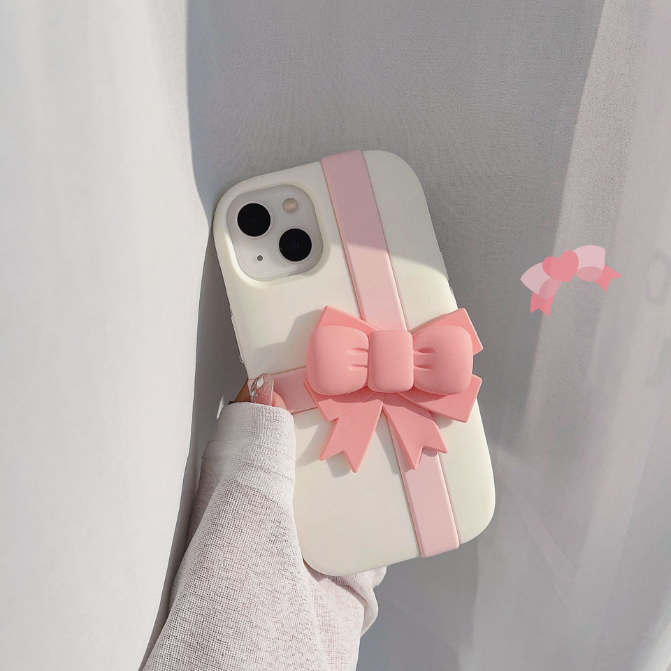 iPhone 15 Series Pink Bow Silicone Case Cover Beige