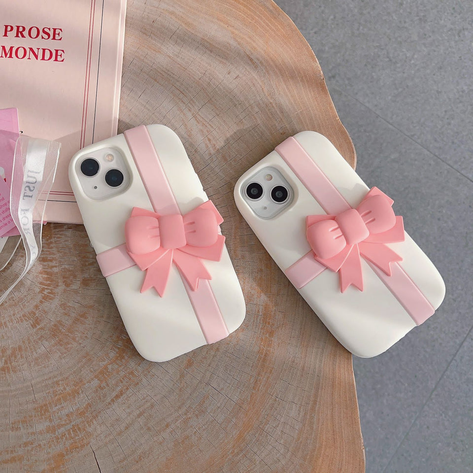 iPhone 15 Series Pink Bow Silicone Case Cover Beige