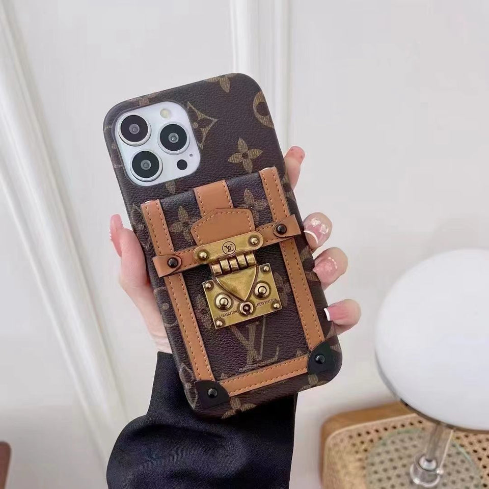 iPhone 15 Series Luxury Brand Leather Card Holder Slot Case Cover Brown