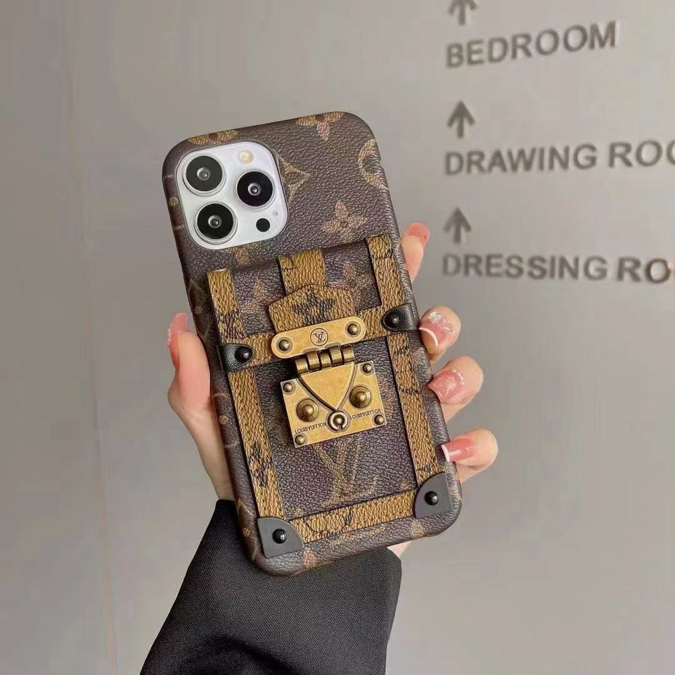 iPhone 15 Series Luxury Brand Leather Card Holder Slot Case Cover Brown