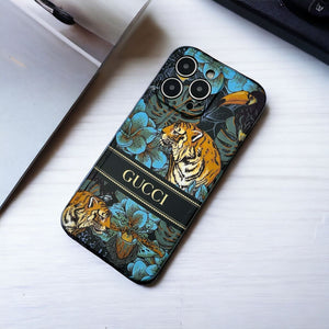 iPhone 15 Series Luxury GG Tiger Design Camera Protection Case Cover