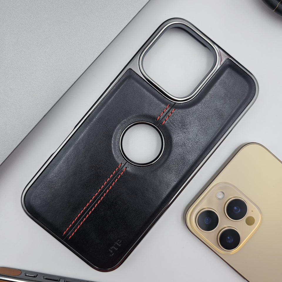 iPhone  Logo Cut Centre Stitched PU Leather Chrome Case