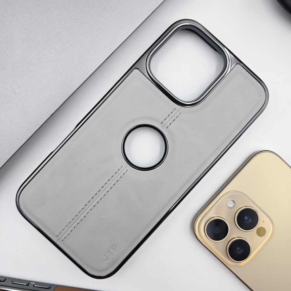 iPhone  Logo Cut Centre Stitched PU Leather Chrome Case