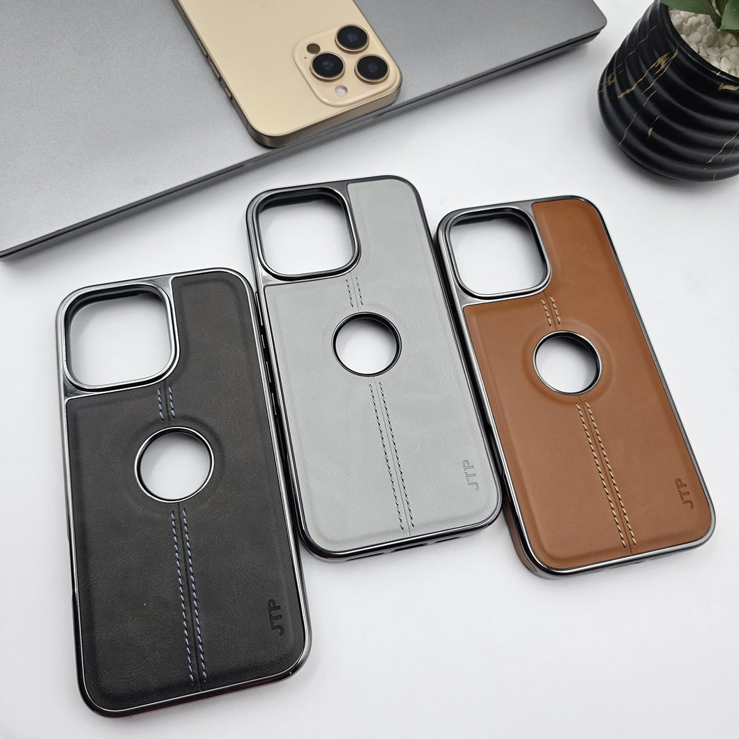 iPhone  Logo Cut Centre Stitched PU Leather Chrome Case