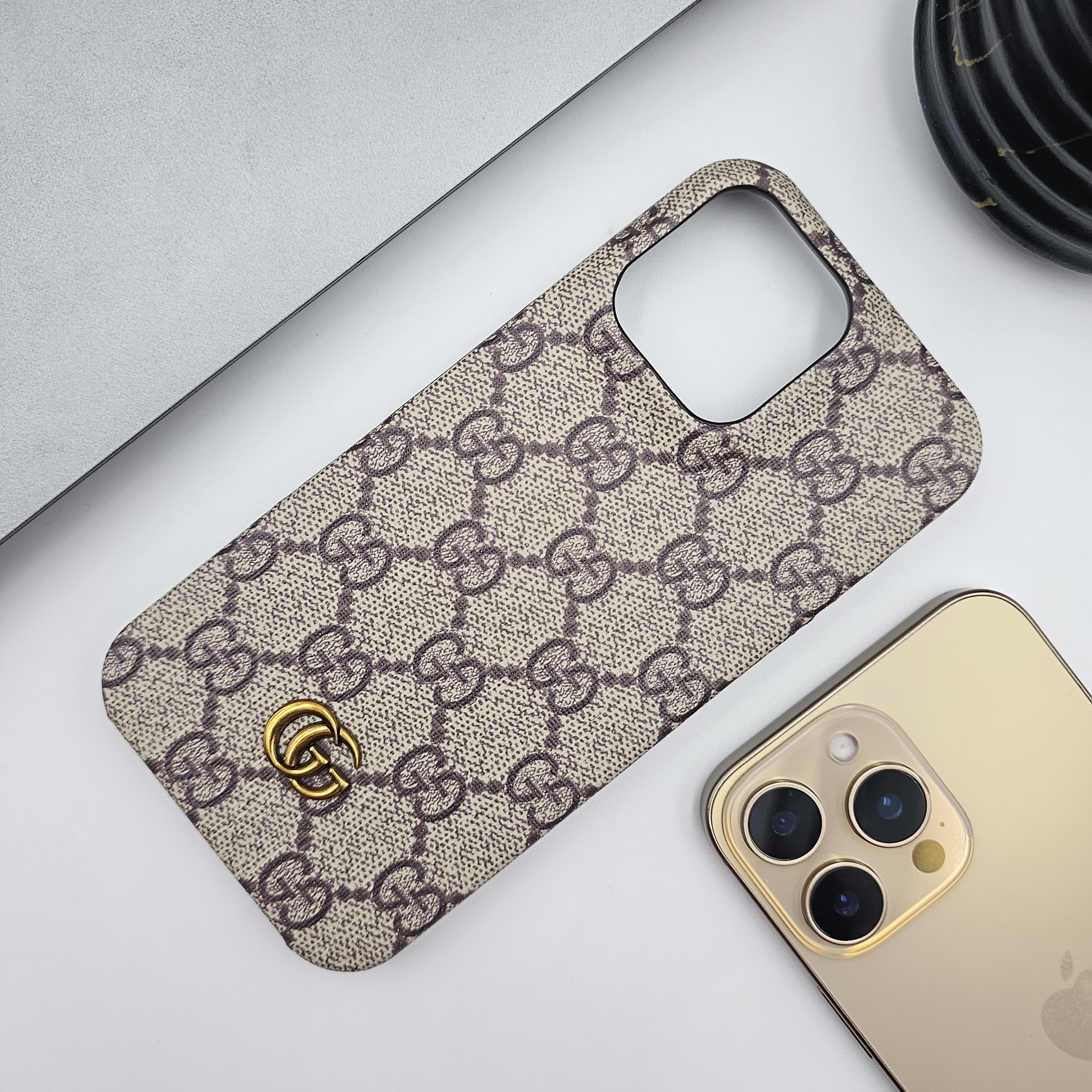 iPhone Luxury GG Metal Logo PU Leather Case