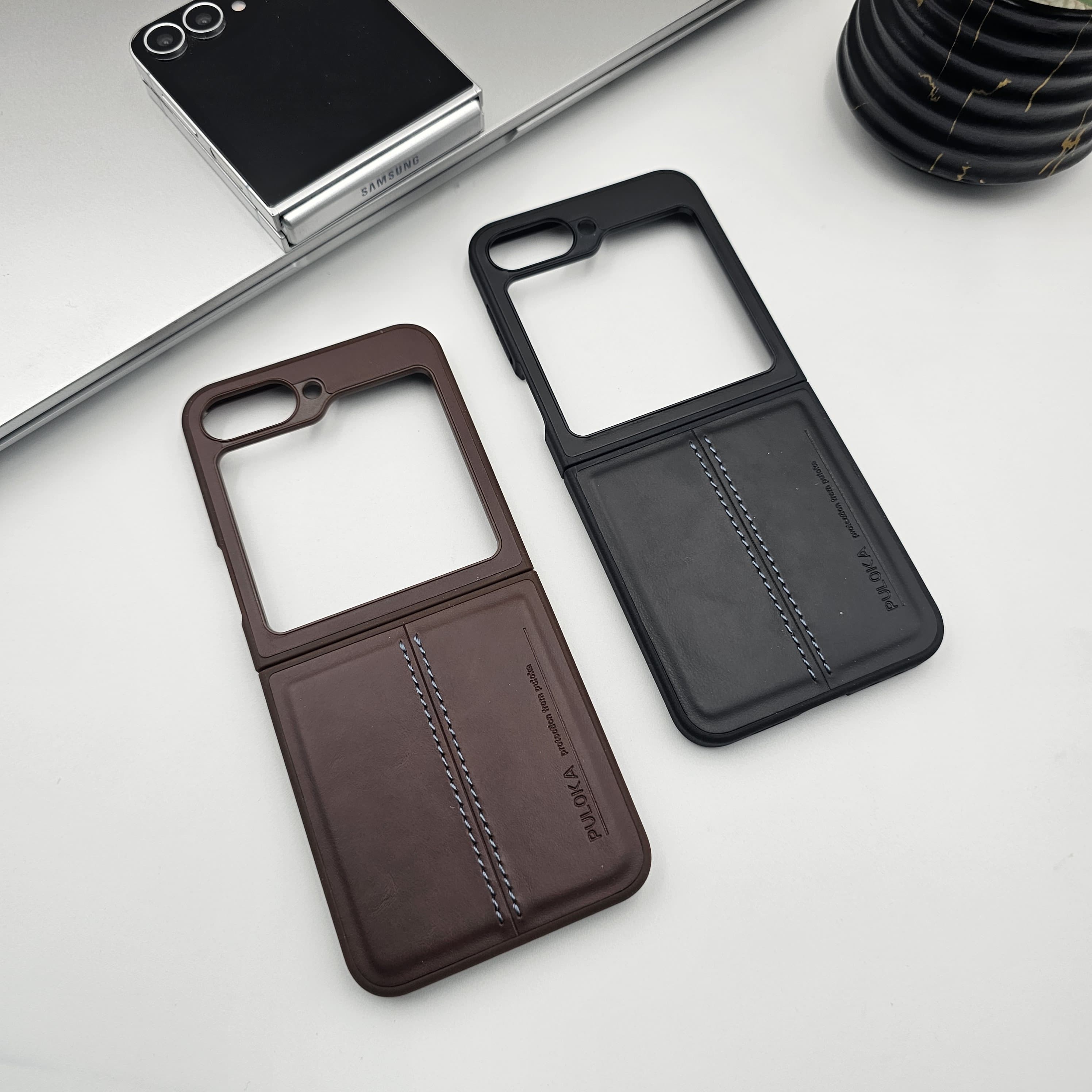 Samsung Galaxy Z Flip 7 FE Stitch Leather Case with Velvet Lining – Premium Protective Flip Cover
