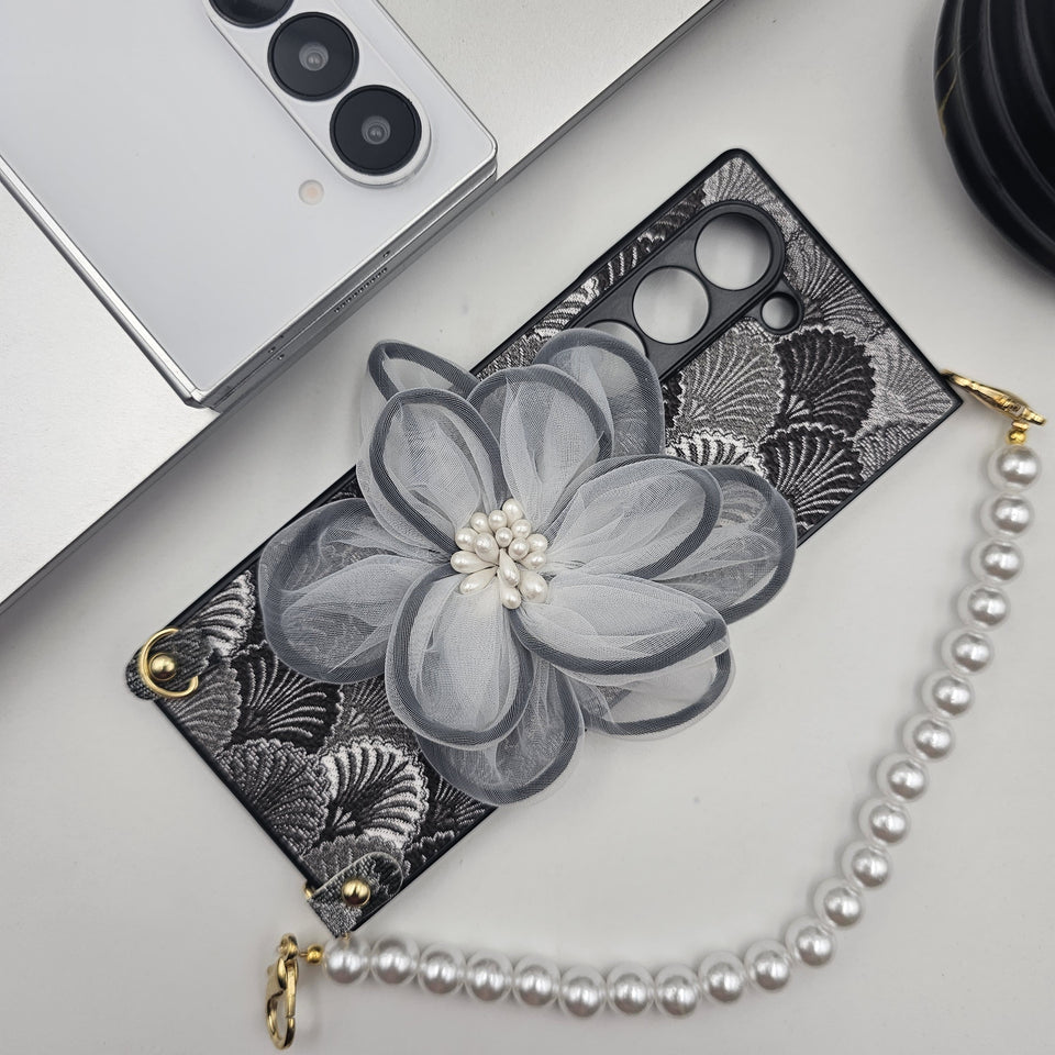 Samsung Galaxy Z Fold 6 3D Floral Case With Pearl Strap Holder