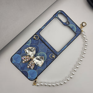 Samsung Galaxy Z Flip 6 Sea Shell Pattern Bow Diamond Pearl Strap Holder Case