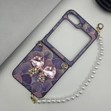 Samsung Galaxy Z Flip 6 Sea Shell Pattern Bow Diamond Pearl Strap Holder Case