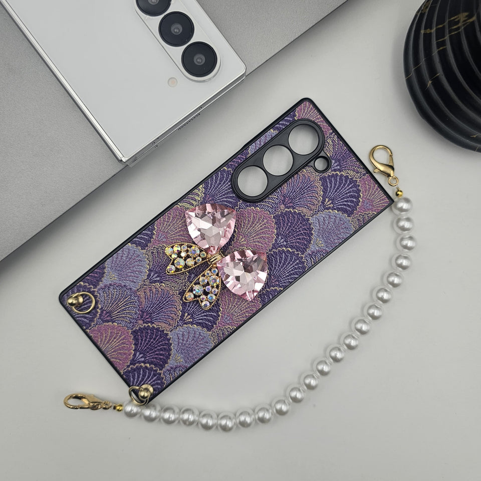 Samsung Galaxy Z Fold 6 Sea Shell Pattern Bow Diamond Pearl Strap Holder Case
