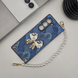 Samsung Galaxy Z Fold 6 Sea Shell Pattern Bow Diamond Pearl Strap Holder Case