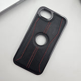 iPhone 16E 3 Stripe Stitched Leather Logo Cut Chrome Case Inside Velvet