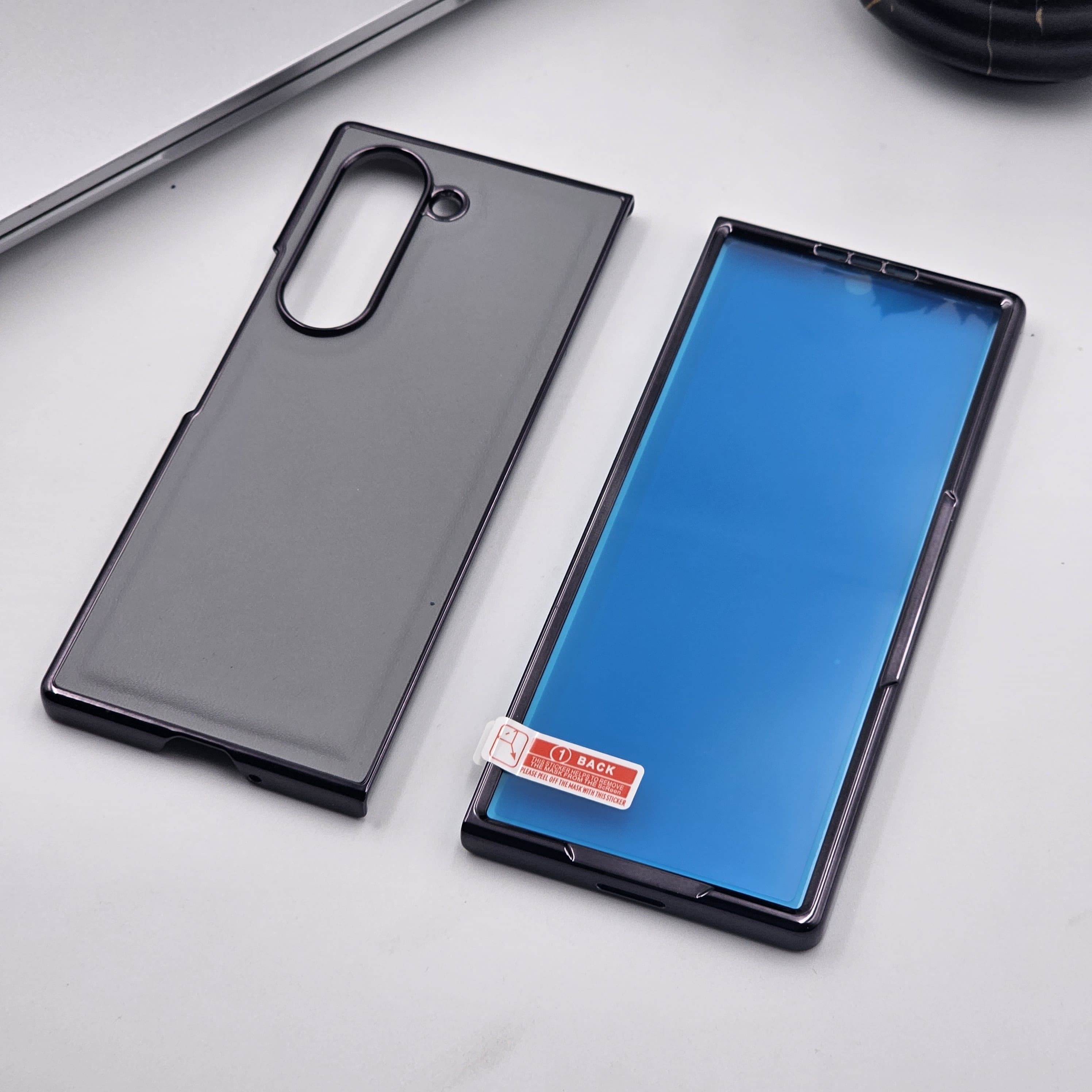 Samsung Z Fold 6 PU Gray Leather Chrome Plated Front Screen Protector Case