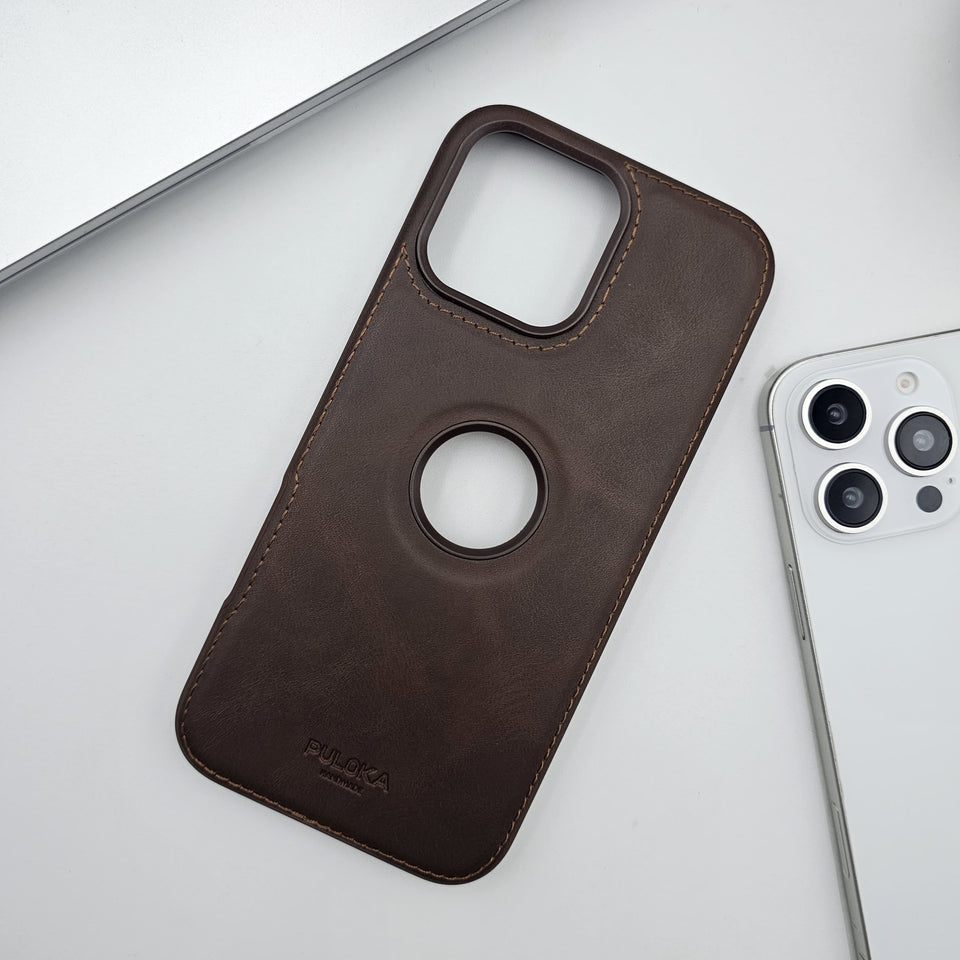 iPhone Corner Stitched Luxury Leather Logo Cut Hidden Magsafe Case