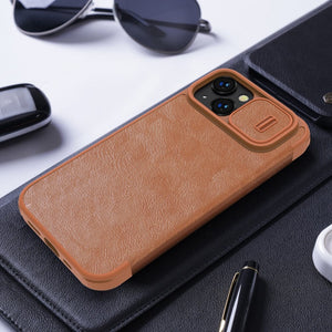 iPhone 15 Series Camera Protection QIN Leather Flip Case Brown
