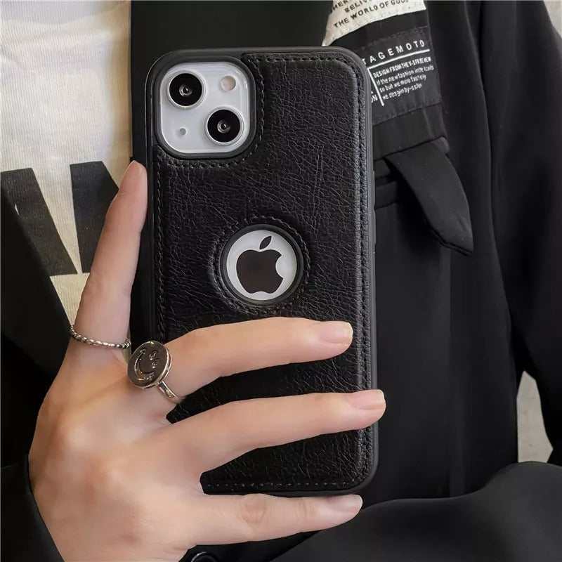 iPhone 15 Series Luxury Leather Logo Cut Back Case Cover