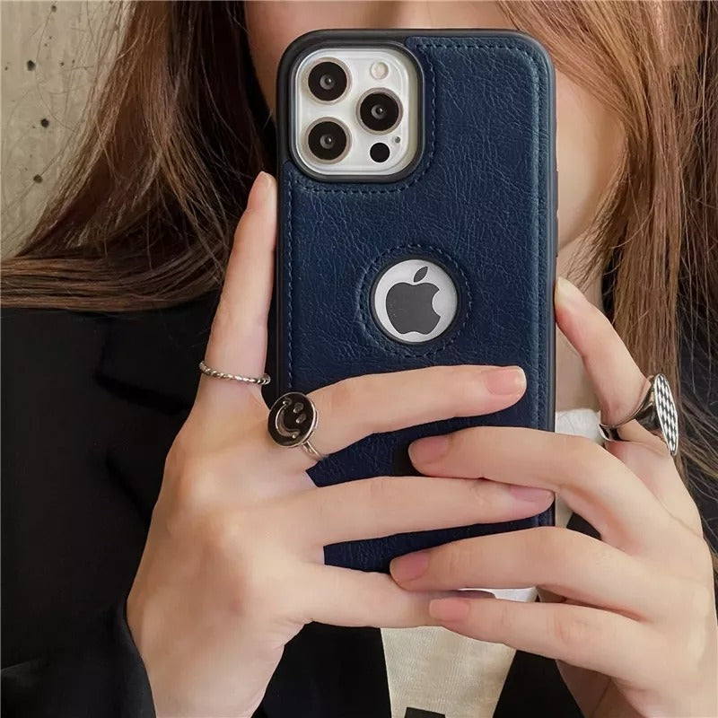iPhone 15 Series Luxury Leather Logo Cut Back Case Cover