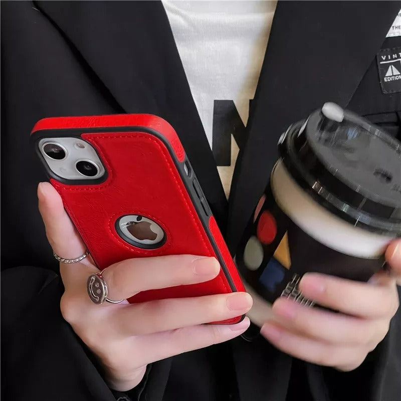 iPhone 15 Series Luxury Leather Logo Cut Back Case Cover