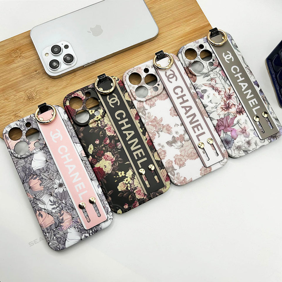 iPhone Luxury Brand Strap Holder With Floral Design Case Cover