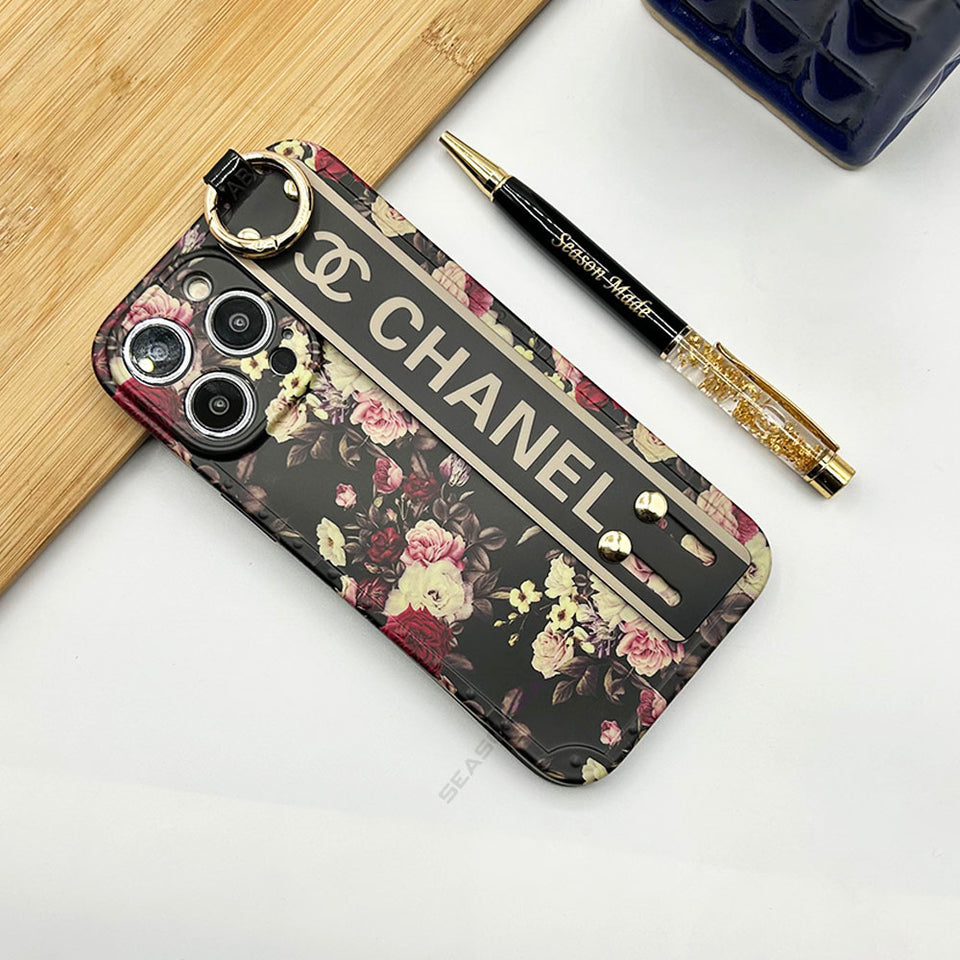 iPhone Luxury Brand Strap Holder With Floral Design Case Cover