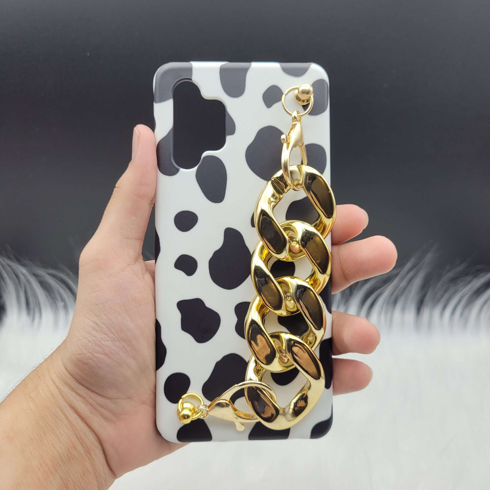 Black and White Cow Pattern Golden Chain Holder Case