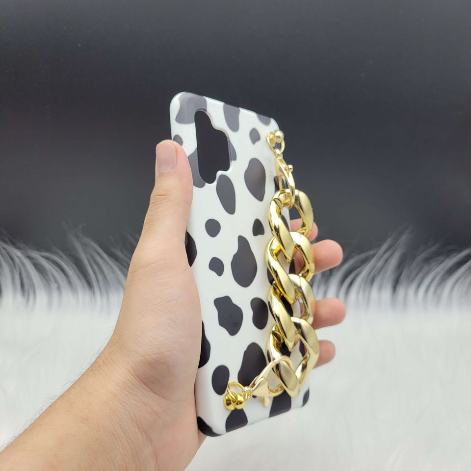 Black and White Cow Pattern Golden Chain Holder Case