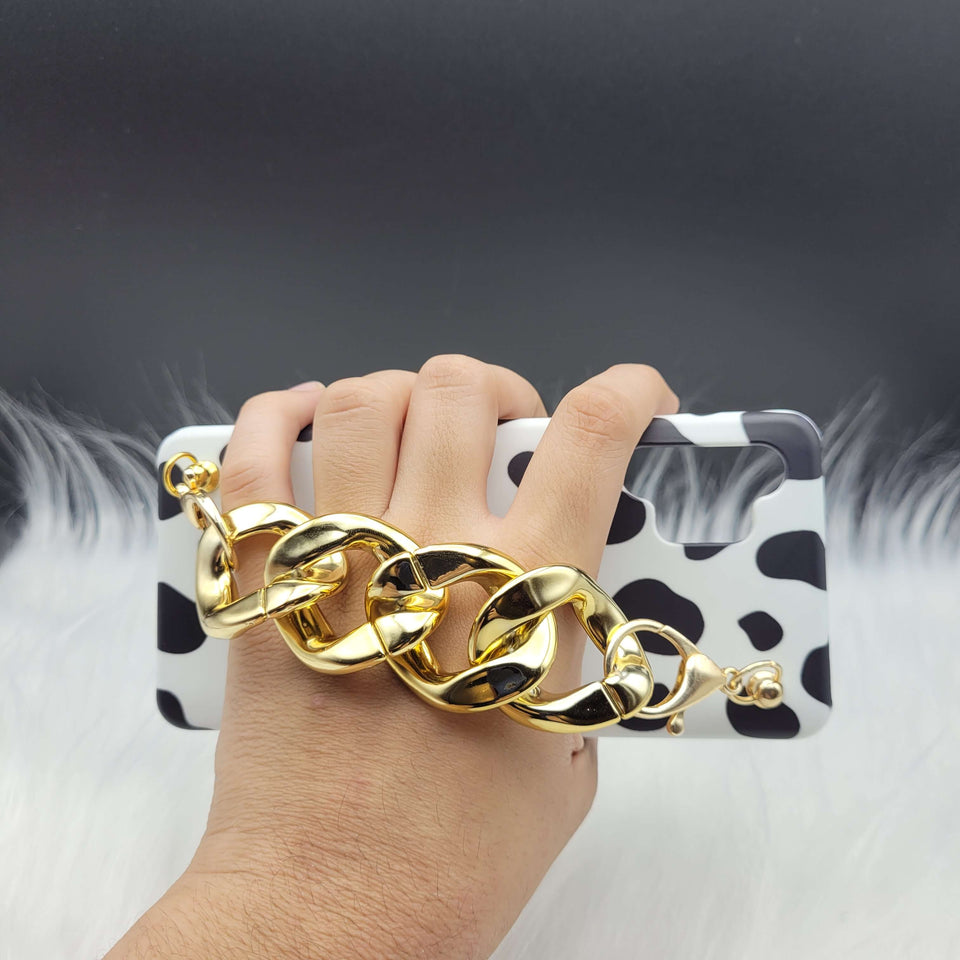 Black and White Cow Pattern Golden Chain Holder Case