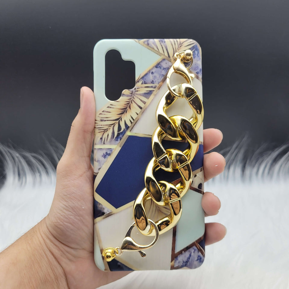 Blue Marble & Flower Golden Chain Holder Phone Case