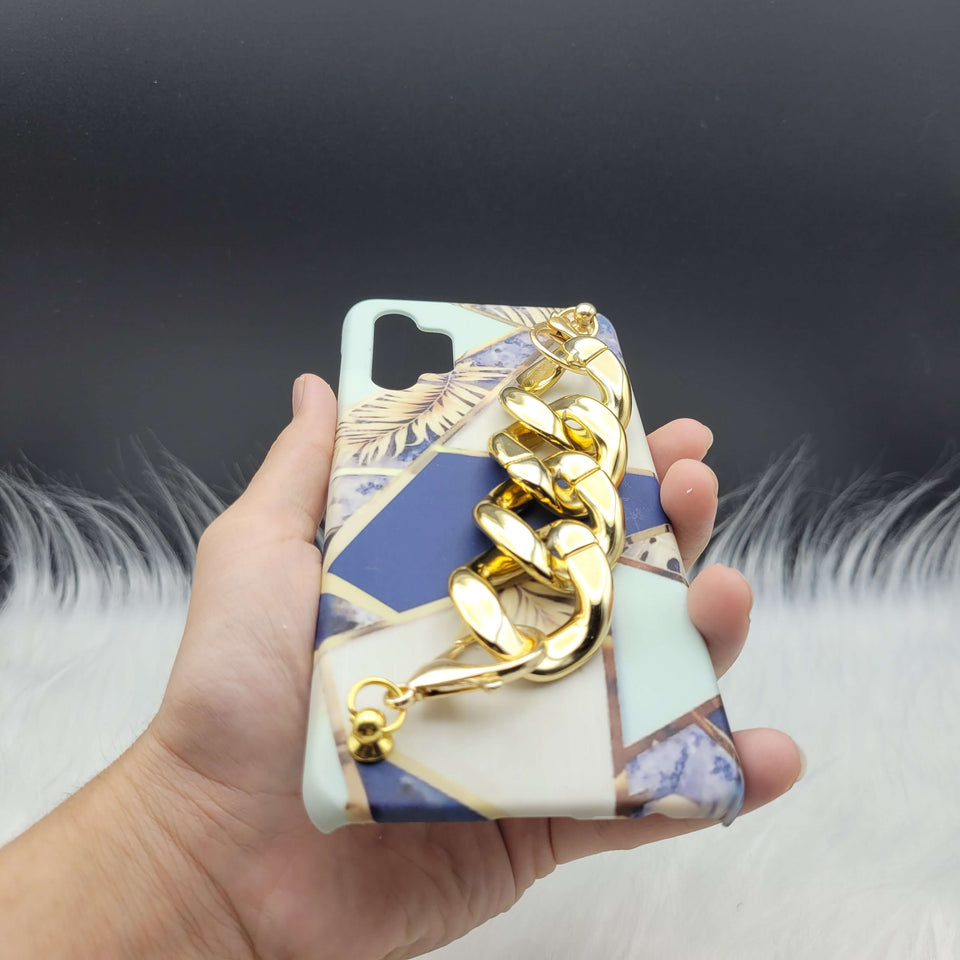 Blue Marble & Flower Golden Chain Holder Phone Case