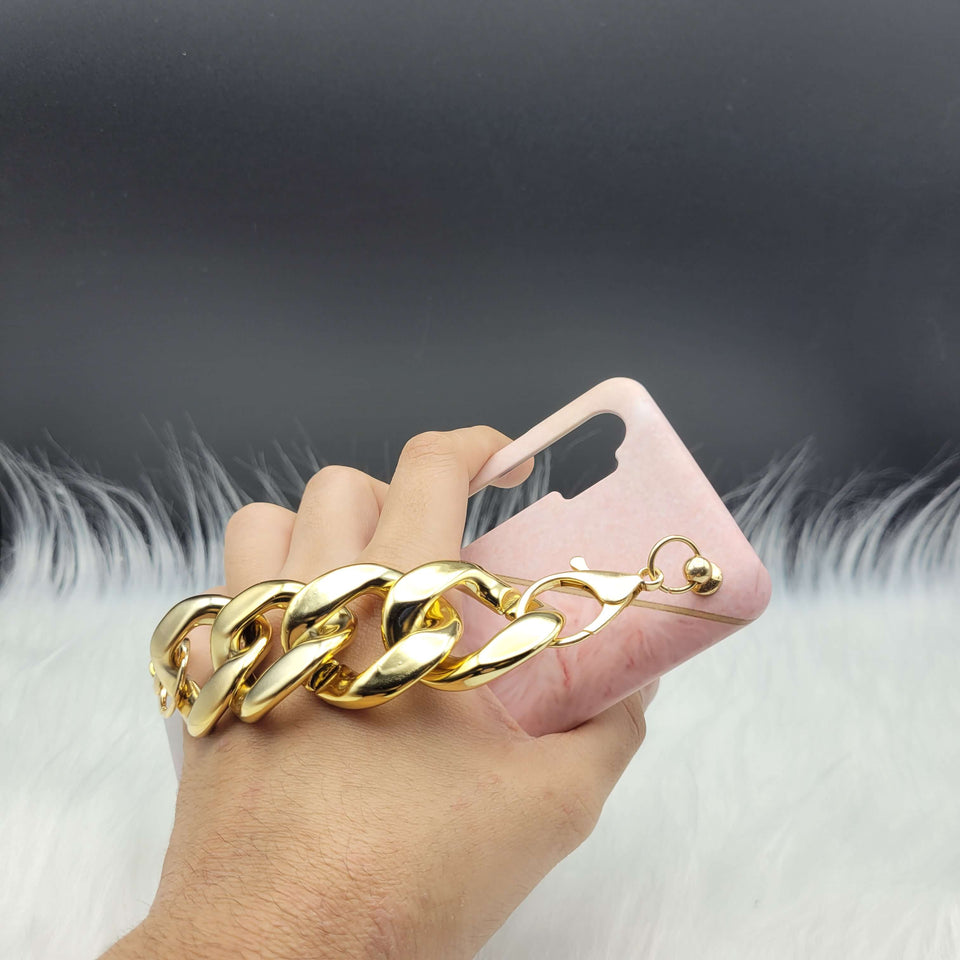 Pink Fur Marble Golden Chain Holder Phone Case