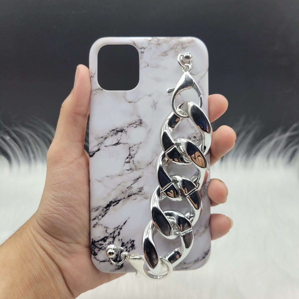 White Marble Silver Chain Case Cover With Holder