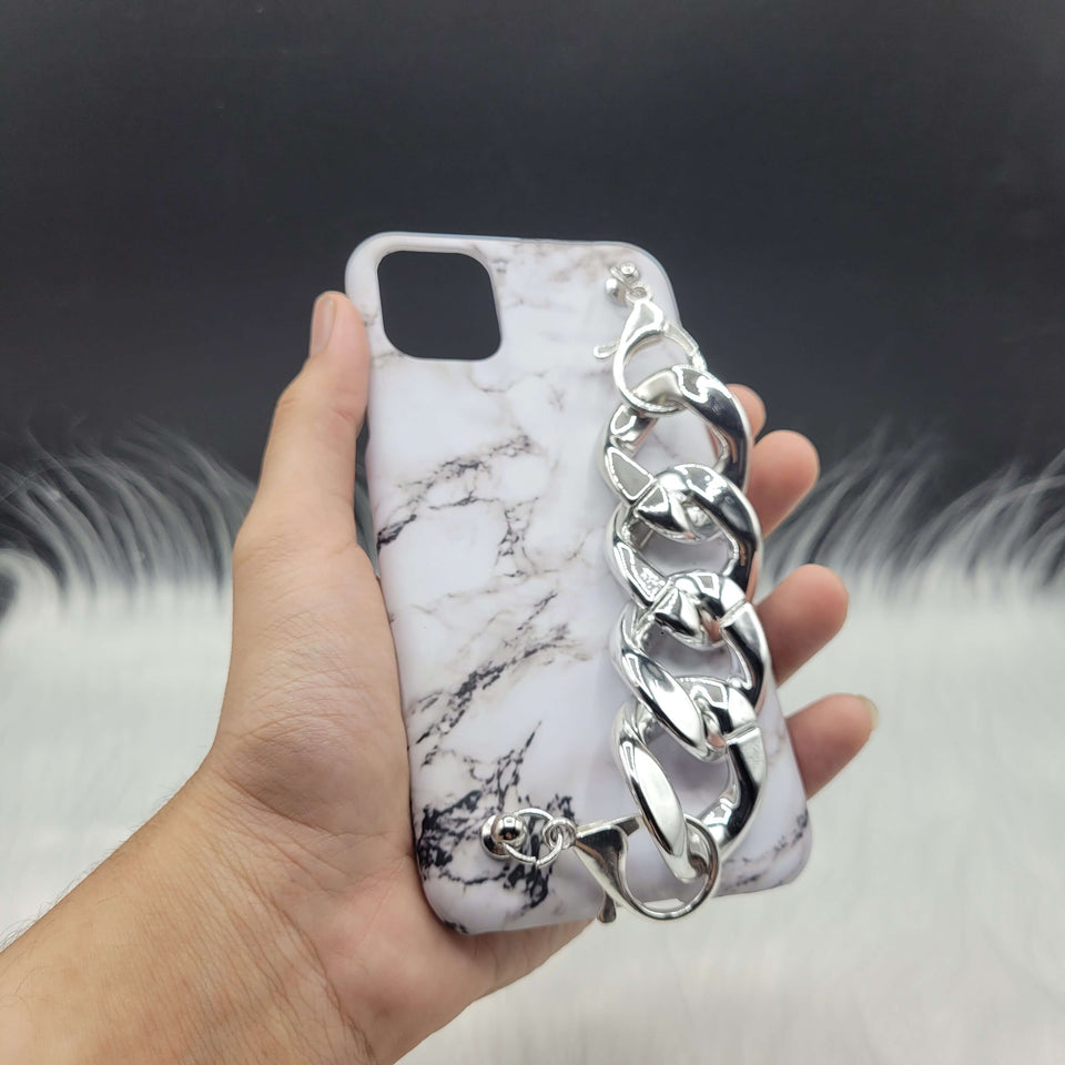White Marble Silver Chain Case Cover With Holder