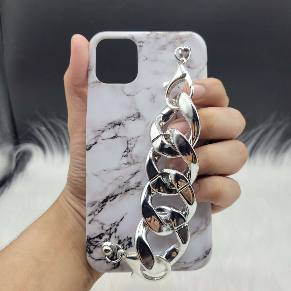 White Marble Silver Chain Case Cover With Holder