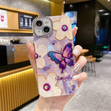 iPhone 3D Oil Painting Floral And Butterfly Design With Glitter Lens Protection Case Cover Purple