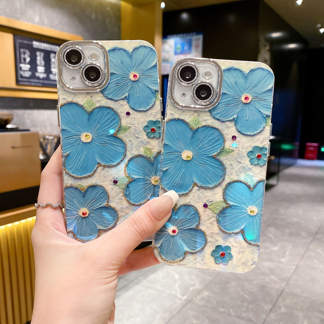 iPhone 15 Series Luxury 3D Oil Painting Floral Design With Glitter Lens Protection Case Cover Sky Blue