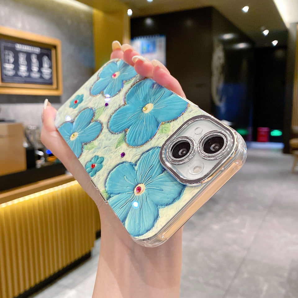 iPhone 15 Series Luxury 3D Oil Painting Floral Design With Glitter Lens Protection Case Cover Sky Blue
