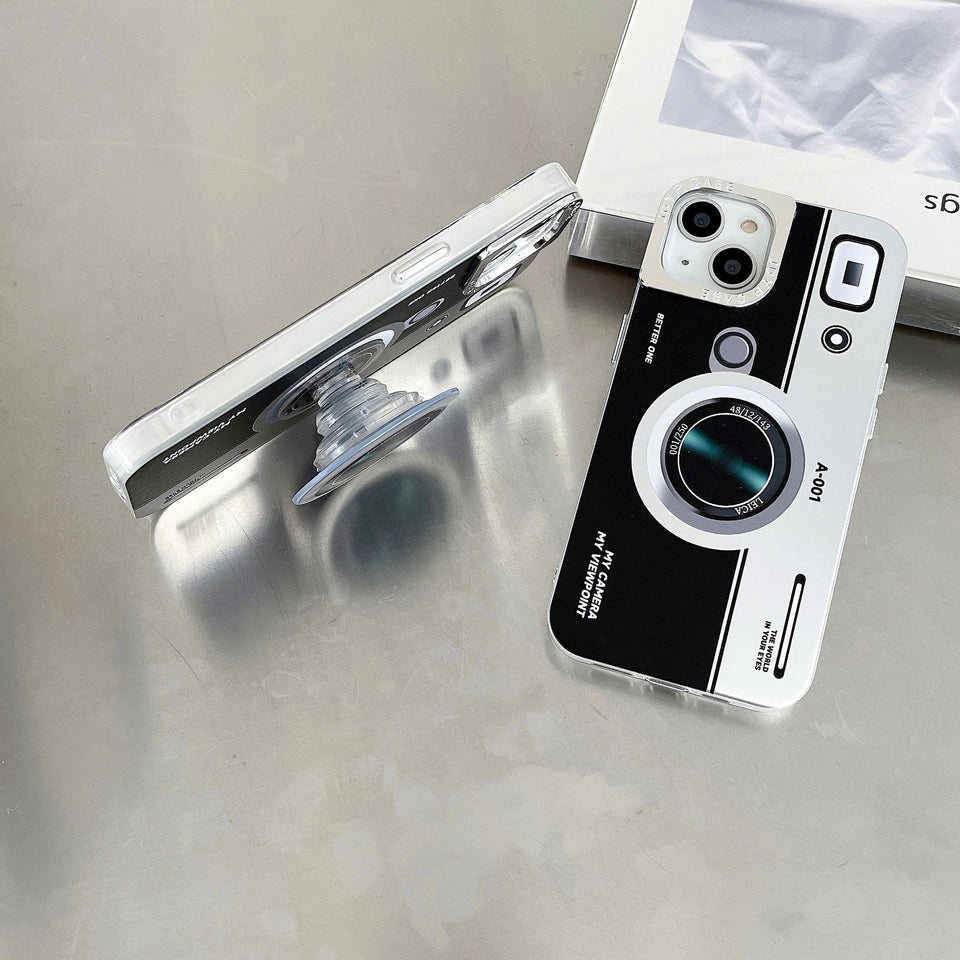 iPhone 15 Series Luxury Sliver Plated Camera Design Case Cover With Pop Holder
