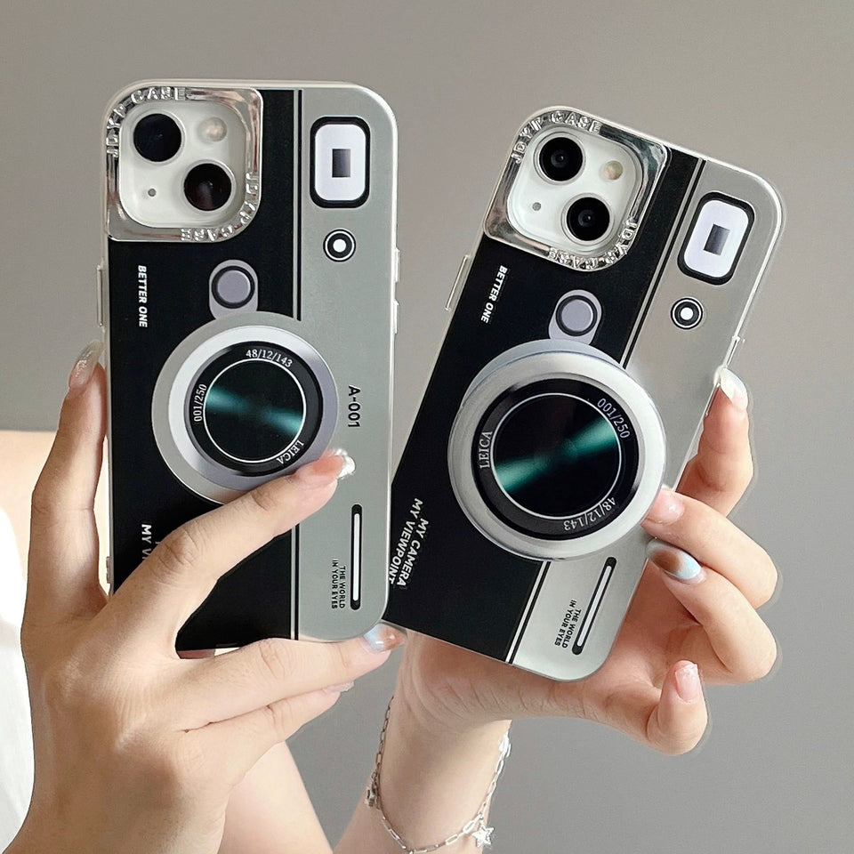 iPhone 15 Series Luxury Sliver Plated Camera Design Case Cover With Pop Holder