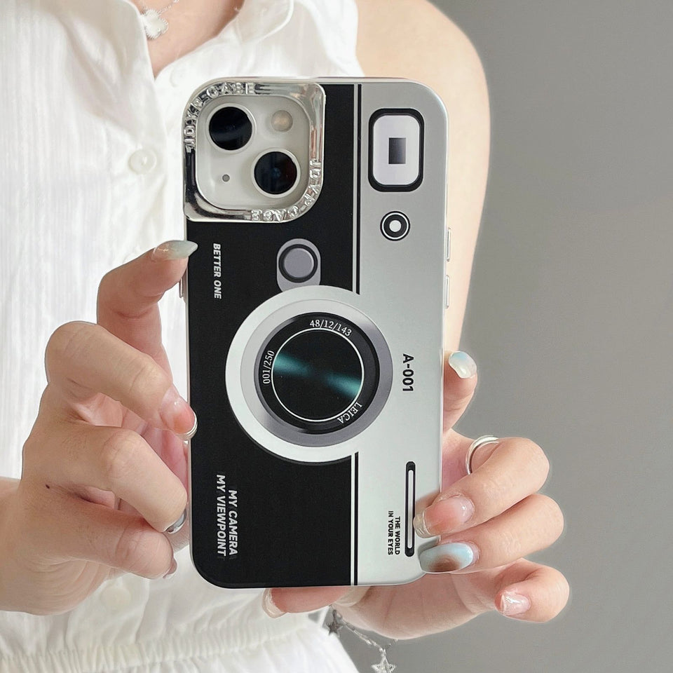 iPhone 15 Series Luxury Sliver Plated Camera Design Case Cover With Pop Holder