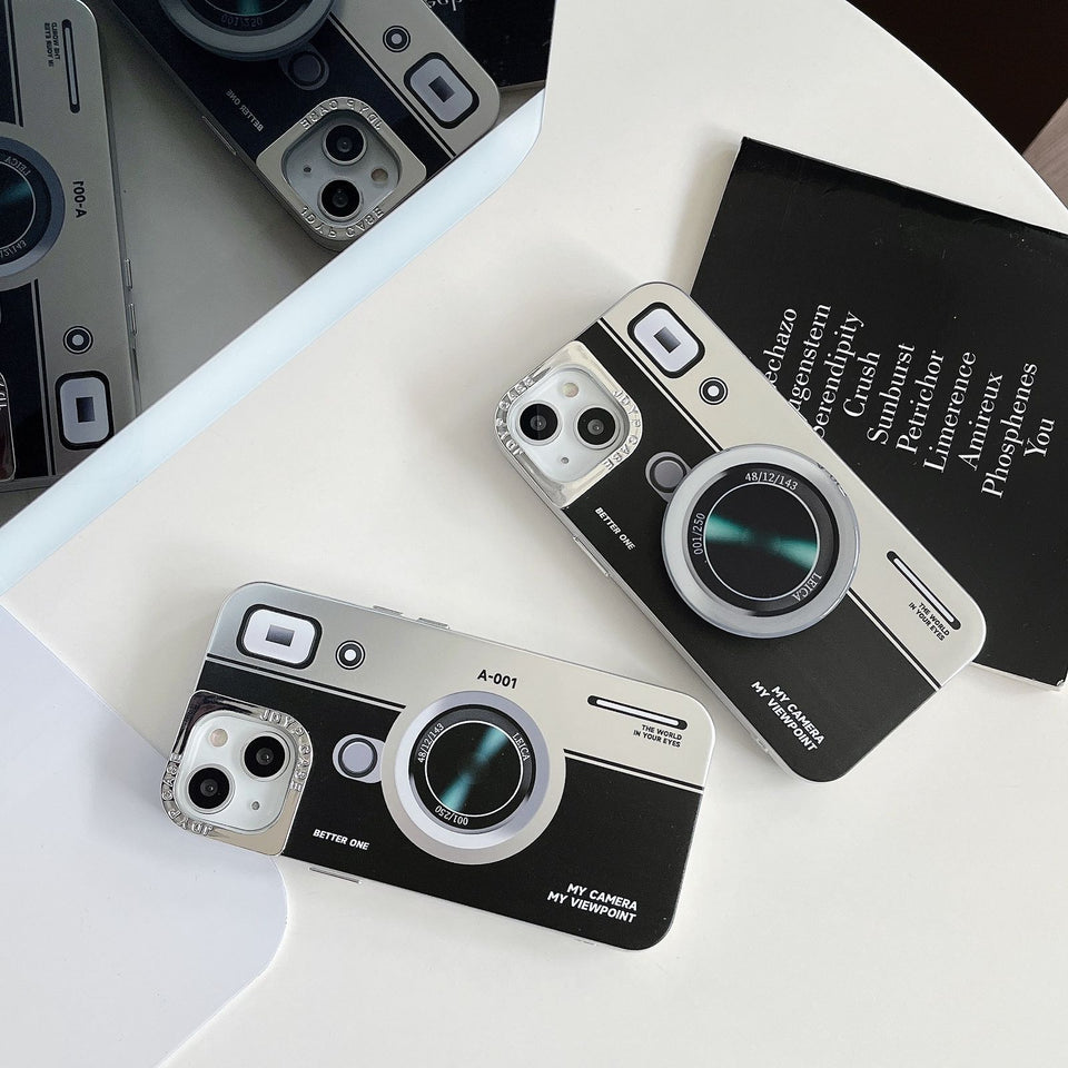 iPhone 15 Series Luxury Sliver Plated Camera Design Case Cover With Pop Holder