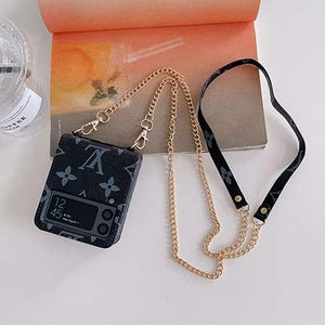 Samsung Galaxy Z Flip 4 Luxury Brand PU Leather Case Cover With Chain Sling Strap