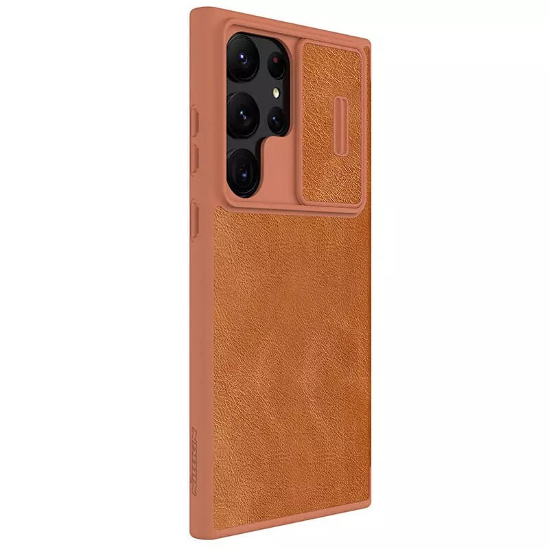 Samsung Galaxy S23 Ultra Camera Protection QIN Leather Flip Case Brown