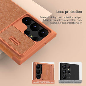 Samsung Galaxy S22 Ultra Camera Protection QIN Leather Flip Case Brown