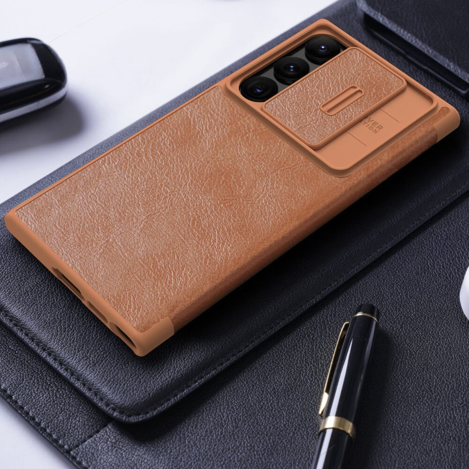 Samsung Galaxy S23 Camera Protection QIN Leather Flip Case Brown