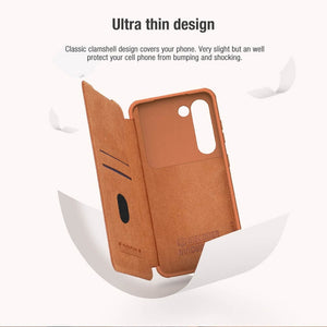 Samsung Galaxy S23 Camera Protection QIN Leather Flip Case Brown