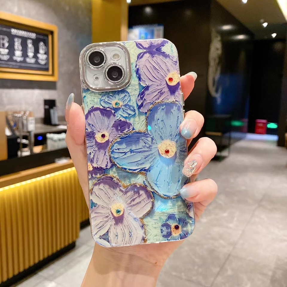 iPhone Luxury 3D Oil Painting Floral Design With Glitter Lens Protection Case Cover