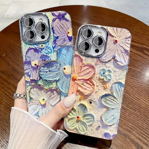 iPhone Luxury 3D Oil Painting Floral Design With Glitter Lens Protection Case Cover