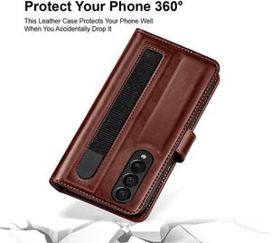 Samsung Z Fold 4 Leather Flip 2 in 1 Detachable Front And Back Wallet Case Cover S Pen Holder Brown