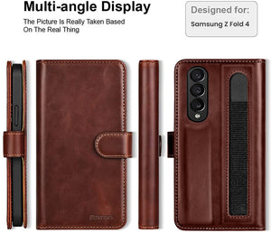 Samsung Z Fold 4 Leather Flip 2 in 1 Detachable Front And Back Wallet Case Cover S Pen Holder Brown